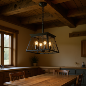 Farmhouse 4-<b>Light</b> Vintage Chandelier Black Iron Rectangular Pendant <b>Light</b> For Kitchen <b>Dining</b> Room 3500K Warm White E26 Bulb - Product Image 2