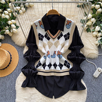 Ensemble 2 pièces pour femme : Gilet en maille Argyle style preppy vintage et chemise à manches lanternes – Nouveauté automne 2026 pour le quotidien