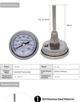 HUBEN 0-200 ° Termometer Bimetal Baja Tahan Karat C untuk Pengukur Suhu Hopper Pengering, Indikator Suhu Industri