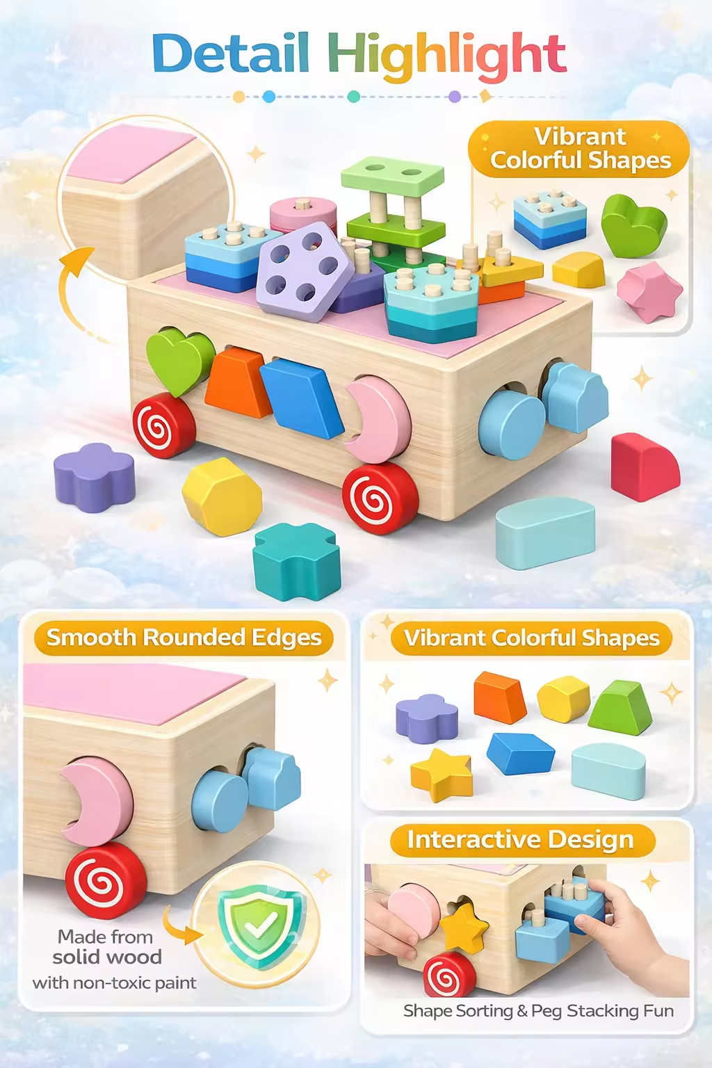 Wooden Orchard Farm Radish & Shape Matching Sorting Car - View 3