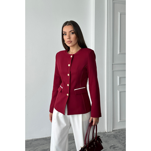 Veste à col rond Burgundy Balzer avec détails de passepoil pour femmes Blazers élégants - Product Image 6