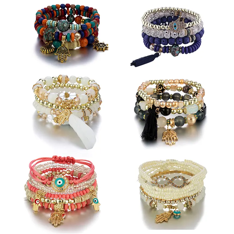 Nuovo Design personalizzato Slap Charm Boho Bead Jewelry Set bracciale rigido donna qualità fatta a mano Hasma Hand Fun Bead bracciale 2022