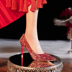 <b>Red</b> Sparkle Pointed Toe High <b>Heels</b> For Wedding Banquet Bride Bridesmaid Shoes 8777-10 - Product Image 1