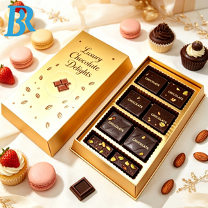 Boîte cadeau en papier chocolaté avec logo personnalisé, dorure or luxe, avec plateau intérieur, pour amandes et mini-crêpes de qualité supérieure. - Product Image 3