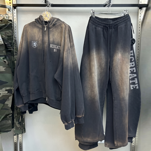 TKAN7707 Ensemble survêtement homme vintage délavé à l'acide avec logo personnalisé, sweat à capuche zippé oversize et pantalon de survêtement, style streetwear Y2K, 2 pièces - Product Image 1