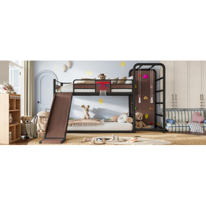 Cama alta metálica de tamaño completo con aro de baloncesto, anillas para dominadas, pared de escalada y estanterías integradas, solo para EE. UU. - Product Image 6