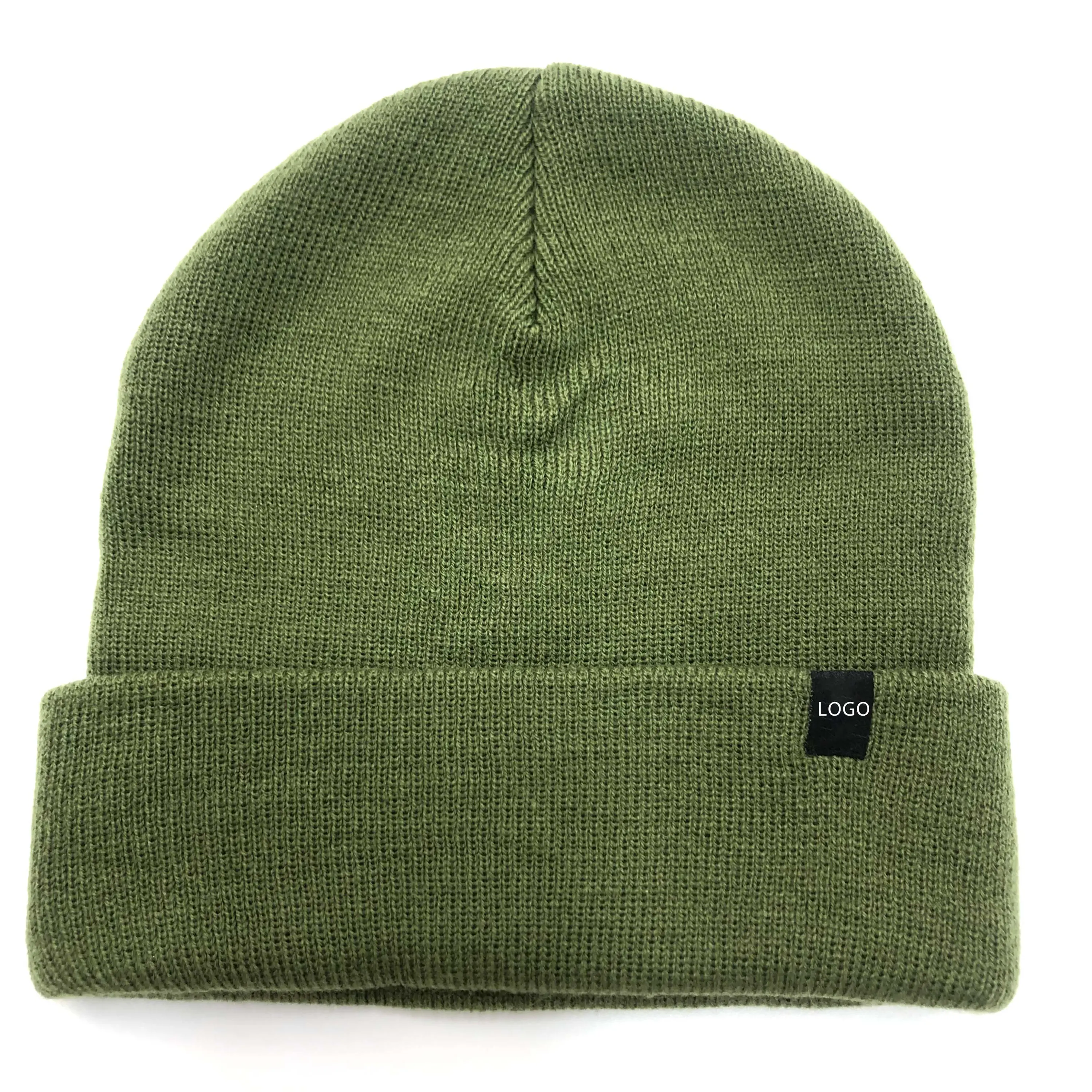 High Quality Men Women Customized Logo Size Olive Color Acrylic Knitted Fashion Winter Hat Beanie