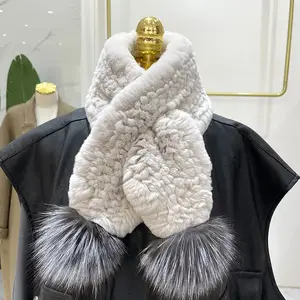 真雷克斯兔毛保暖双层编织毛围巾狐狸毛球围巾