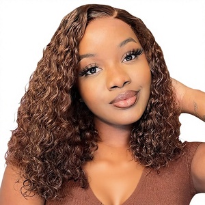 Perruque Bob Fronbanis avec frange, mèches 4/27, sans colle, <span class=keywords><strong>Lace</strong></span> Front, Deep Wave, bouclée, blond miel, densité 180, 16 pouces - Product Image 1