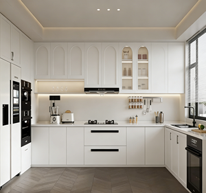 Juego de Muebles de Cocina Modernos de Estilo Francés con Acabado en Marfil - Iluminación LED y Nichos de Vidrio, Almacenamiento Elegante para Hogares de Lujo Contemporáneos - Product Image 1