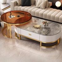 Table basse gigogne durable avec tiroir de rangement, plateau en verre trempé et placage MDF, structure métallique, mobilier moderne pour salon