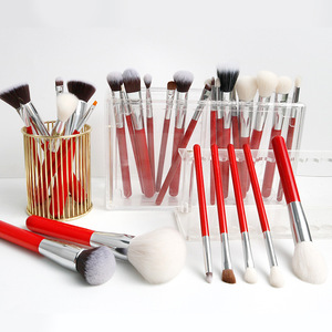 Juego de 8 brochas de maquillaje de pelo sintético de cabra con mango de madera roja, brochas para polvo facial y ojos con virola dorada - Product Image 2
