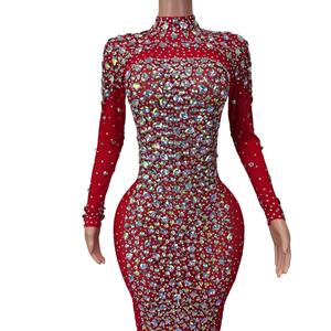 Abito da ballo di cristallo a maniche lunghe di lusso rosso che le donne indossano abito lungo da ballo Plus Size signore Sexy diamanti abiti da sera da sera - Product Image 4