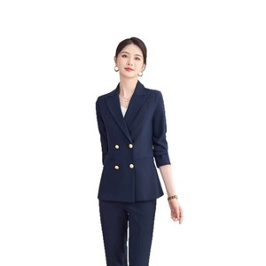Women's Double Breasted Suit Set Full Sleeve Worsted Anti Wrinkle Office Lady Commute Style - Product Image 5