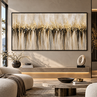 Peinture sur toile abstraite neutre Gold Horizon, art mural texturé panoramique pour la décoration de hall d'hôtel, salon, bureau