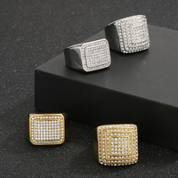 Bague Rétro pour Hommes Hip Hop Full Rhinestone Paved Bling Iced Geometric Square Finger Ring Korean Men Rings Rapper Steel Jewelry