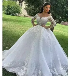 Sen Department 2024 New Bride Simple Round Neck Self Cultivation Perspective Trailing Soft Yarn Thin Long Sleeved Wedding Dress