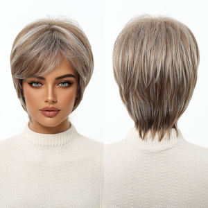 Parrucca da 10 pollici in fibra sintetica Pixie cappuccio traspirante in fibra ad alta temperatura marrone medio evidenzia foto reale opaca - Product Image 1