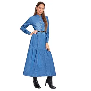 Retail hot selling Elegant O-neck button fly open front fashion A-line mandarin collar denim long dress for woman