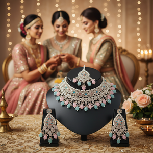 Trending Fancy Collection Platinum Plated Patwa Choker Necklace <b>Set</b> Zircon Pastel Beads Matching Earrings Ethnic Women Wear - Product Image 3