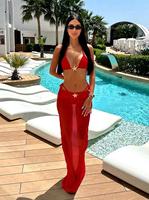 TW 2026 Op maat gemaakte, populaire dames bikini set van drie delen, effen, sexy, met doorschijnende mesh zwemjurk, halter, rugloze badpak