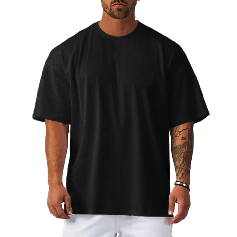 T-Shirt oversize con spalla scesa T-Shirt Fitness a mezza manica da uomo Summer prospettiva Mesh abbigliamento da palestra allentato maglie da basket