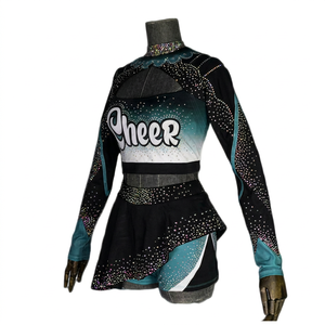 Uniforme de cheerleading avec embellissement en strass, impression par sublimation, style jupe, taille adulte, couleur noir, turquoise, blanc - Product Image 1