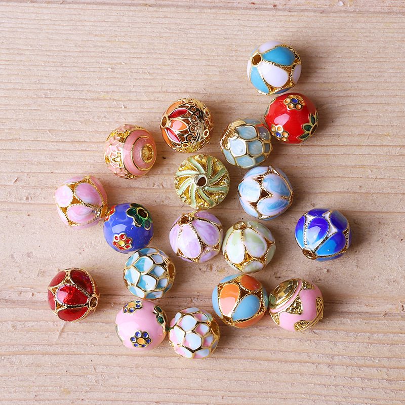 Hollow Round Flower Pattern Cloisonne Beads 8mm Gold Enamel Matte Brass Spacer Beads for Jewelry Making Findings