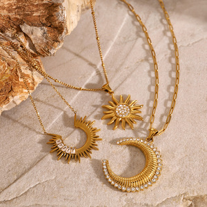 Aretas, collar de acero inoxidable de 18 quilates a la moda para mujer, colgante de sol y luna chapado en oro, joyería de moda sin deslustre de circón - Product Image 3