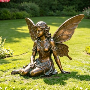 Sculpture d'elfes en bronze YOUFINE, statue de garçon ailé, enfant fée avec <span class=keywords><strong>oiseau</strong></span> pour la décoration de jardin et de cour de villa en extérieur - Product Image 4
