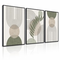 Lot de 3 tableaux encadrés style bohème, motifs géométriques et feuilles de palmier, rose poudré, vert sauge, décor abstrait tons terreux pour salon