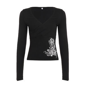 Gothic Vintage <b>Y2K</b> Floral Print V Neck Women Long Sleeve T <b>Shirt</b> Breathable Fashion Hot Sale Comfortable Casual Regular Fit - Product Image 6