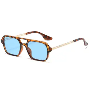 3517 vendita calda struttura in metallo a doppio ponte occhiali da donna sfumati di tendenza blu leopardo cavi occhiali da sole da uomo