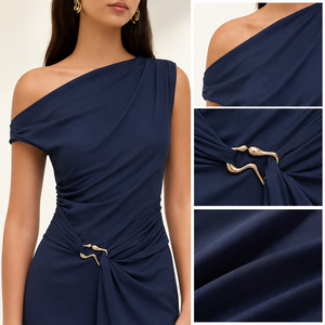 Robe sur mesure pour femme, vêtement personnalisé, bleu marine, asymétrique à une épaule, froncée, pour soirée, été, maxi - Product Image 3