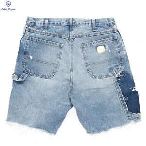 Edge Denim Custom Summer Paint Splatters High Quality Heavy Blue Patch Patchwork Work Jeans Shorts Men