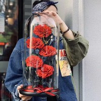 Cadeau pour la Saint-Valentin, rose éternelle naturelle dans un dôme en verre, nouveau design, rose préservée dans un dôme en verre avec 8 roses