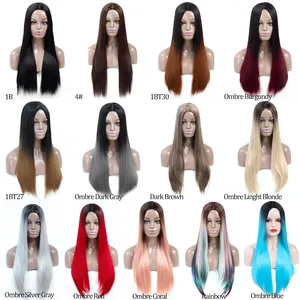 Wig Rambut Lurus Panjang Pelangi Merah Win 24 Inci Wig Rambut Sintetis Wanita Murah Penuh Tahan Panas Ombre Wig Cosplay