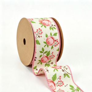 Cinta de Yute Sintético Fino de 2 1/2 Pulgadas con Alambre, Resistente al Encogimiento, Rollo de 10 Yardas, Diseño Floral Rosa Primavera, Impresión Personalizada - Product Image 1