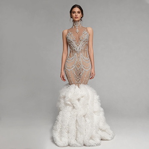 Abito da sera di lusso a sirena con strass di cristallo bianco, collo alto, in rete trasparente traspirante, lunghezza al pavimento, stampa floreale, per feste - Product Image 1