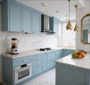 Ensemble d'armoires de cuisine en bois bleu doux personnalisées, prêtes à assembler, avec plan de travail en marbre, armoires de rangement supérieures pour une utilisation en cuisine - Product Image 4