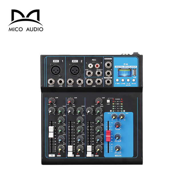 F4 Professional 4-Channel Bluetooth DJ Audio Mixer Digital DJ Console with Power 48V USB for Karaoke Blueteeth Sound