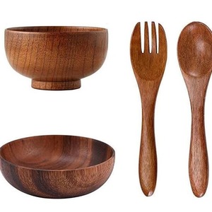 Ensemble de saladiers en bois d'acacia avec cuillère et fourchette, vaisselle écologique pour hôtel, café et thé - Product Image 1