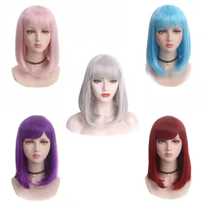 Short Bob Pink Purple Gray Red Lavender Straight Flat Bangs Party Wig For Women Halloween