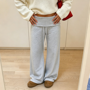 Women High Waist Fold Over Flare Pants Stretch Wide Leg Knit Pants Casual Loose Fit <b>drawstring</b> Lounge <b>Trousers</b> Solid Bell Bottom - Product Image 3