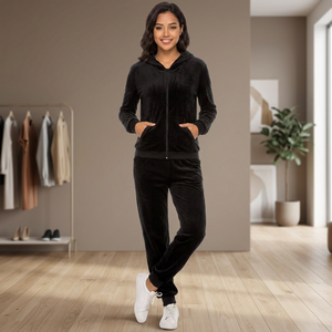 Custom Manufacturer Women <b>Velour</b> Breathable Winter <b>Tracksuit</b> 2-Piece Solid Black Full Sleeve Hooded Zipper Front Casual Jogger - Product Image 2