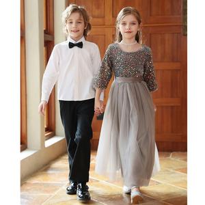 Robe <span class=keywords><strong>de</strong></span> soirée haut <span class=keywords><strong>de</strong></span> gamme personnalisée pour filles, grise, en tulle à sequins, longue, style princesse, pour spectacle, défilé ou récital <span class=keywords><strong>de</strong></span> piano - Product Image 1