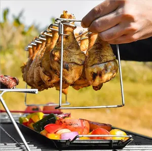 14 slot BBQ Chicken bacchette Rack supporto per girarrosto in acciaio inossidabile con padella antigoccia coscia di pollo griglia per ala