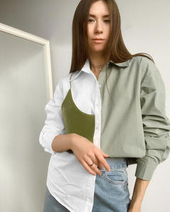 Camicia da Donna Personalizzata OEM <span class=keywords><strong>Verde</strong></span> con Pannello in <span class=keywords><strong>Pelle</strong></span> Asimmetrico, Maniche Lunghe, Colletto Rovesciato, Abbigliamento da Ufficio, Blusa all'Ingrosso - Product Image 5