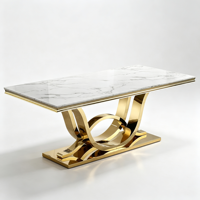 Table à manger rectangulaire moderne avec plateau en marbre blanc et base en métal doré à courbes entrelacées, table minimaliste pour salle à manger à domicile