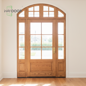 Porta in Legno Stile Francese con Vetro ad Arco Superiore <span class=keywords><strong>e</strong></span> Doppi Pannelli Laterali per Case, Porta d'Ingresso in Legno Massello di Quercia <span class=keywords><strong>e</strong></span> Mogano - Product Image 2